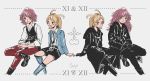  2boys 2girls absurdres artist_name blonde_hair blue_eyes elrena grey_background highres hooded_robe kingdom_hearts kingdom_hearts_unchained_x larxene lauriam laycii legs_crossed marluxia multiple_boys multiple_girls organization_xiii pants pink_hair red_pants shorts symmetry 