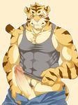  anthro balls biceps big_muscles big_penis blush body_markings brown_eyes censored chest_tuft clothed clothing erection feline fur humanoid_penis kenn looking_at_viewer male mammal markings muscles nude pants pants_down pecs penis pink_nose plain_background pose presenting pubes shirt solo standing stripes tank_top tiger tuft underwear unknown_artist 