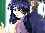  1girl blue_hair blush breast_grab doushin grabbing long_hair suruga_ryoko train 