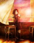  alternate_costume black_hair chair classroom closed_eyes curtains desk full_body indoors kara_no_kyoukai nyar777 open_mouth ryougi_shiki school_desk school_uniform serafuku shoes short_hair skirt smile socks solo sun sunset window 