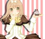  blush bow cupcake finger_sucking food hair_bow long_hair original petit_alice skirt solo striped striped_background 