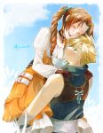  1boy 1girl aerith_gainsborough aerith_gainsborough_(garnet&#039;s_gown) aqua_eyes aqua_ribbon arm_around_waist bare_shoulders black_choker blonde_hair blue_background blush border braid braided_ponytail breasts brown_gloves brown_hair choker closed_eyes cloud_strife cloud_strife_(zidane&#039;s_outfit) cosplay couple cropped_vest crystal dress final_fantasy final_fantasy_ix final_fantasy_vii final_fantasy_vii_ever_crisis garnet_til_alexandros_xvii garnet_til_alexandros_xvii_(cosplay) gloves green_vest hair_between_eyes hair_tie hands_on_another&#039;s_shoulders hetero jewelry jo_ro_ri juliet_sleeves long_hair long_sleeves medium_breasts official_alternate_costume open_mouth orange_dress parted_bangs pendant puffy_sleeves ribbon shirt short_hair sidelocks single_braid sleeveless sleeveless_shirt smile spiked_hair twitter_username vest wavy_hair white_border white_shirt zidane_tribal zidane_tribal_(cosplay) 