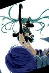  1girl aqua_hair axe_kick blue_hair boots detached_sleeves glowing glowing_eye hatsune_miku high_kick highres kaito kicking leg_up long_hair rindo skirt split standing standing_on_one_leg standing_split thigh_boots thighhighs twintails very_long_hair vocaloid 