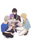  4boys :i absurdres age_difference aged_down arm_cutout bead_bracelet beads belt_chain black_pants blue_shirt bracelet child denim denim_jacket ensemble_stars! feeding food food_on_face fork hair_between_eyes hakaze_kaoru hand_on_another&#039;s_chin highres holding holding_fork holding_plate holding_stuffed_toy ice_cream jacket jewelry male_focus multiple_boys necklace ogami_koga open_clothes open_jacket otogari_adonis outline oyamayy pancake pants plate print_shirt sakuma_rei_(ensemble_stars!) shadow shirt simple_background sitting sitting_on_lap sitting_on_person squatting stuffed_animal stuffed_toy teddy_bear watch white_background white_pants wristwatch 