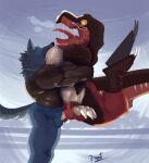 absurd_res anthro barazoku bear_hug bodily_fluids breath canid canine canis claws dinosaur dominant dominant_male duo fighting_ring hi_res hug key king_of_dinosaurs king_of_fighters male male/male mammal mask muscular muscular_male nipples panting pinumontbalou prehistoric_species red_body reptile saliva saliva_on_tongue saliva_string scalie size_difference small_dom_big_sub snk sports_mask sportswear submissive submissive_male sweat sweaty_body tears theropod toe_claws tongue tongue_out tyrannosaurid tyrannosauroid tyrannosaurus tyrannosaurus_rex wolf wrestler wrestling wrestling_mask wrestling_outfit