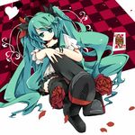  bad_id bad_pixiv_id bondson bracelet checkered checkered_background flower green_eyes green_hair hatsune_miku high_heels jewelry long_hair rose shoes solo thighhighs very_long_hair vocaloid world_is_mine_(vocaloid) 