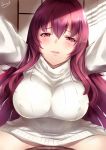  breasts commentary covered_nipples eyebrows_visible_through_hair fate/grand_order fate_(series) gainoob incoming_kiss large_breasts leaning_forward light long_hair looking_at_viewer outstretched_arms parted_lips purple_hair red_eyes ribbed_sweater scathach_(fate)_(all) scathach_(fate/grand_order) smile sweater turtleneck turtleneck_sweater wall white_sweater 