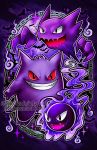  abstract_background bat black_eyes chains cloud commentary creature creatures_(company) english_commentary evil_smile evolution fangs flying full_body game_freak gastly gen_1_pokemon gengar ghost grin haunter looking_at_viewer nintendo no_humans pokemon pokemon_(creature) purple purple_background red_sclera retkikosmos sharp_teeth smile teeth watermark web_address 