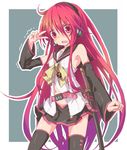  adapted_costume alastor_(shakugan_no_shana) bare_shoulders belt black_legwear blush breasts cosplay detached_sleeves headset jewelry kagamine_rin kagamine_rin_(cosplay) katana long_hair navel open_mouth outline pendant red_eyes red_hair roke shakugan_no_shana shana skirt small_breasts solo sword thighhighs trembling v vocaloid wavy_mouth weapon 