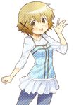  :d blush brown_eyes brown_hair casual hair_ornament hidamari_sketch mizuki_makoto open_mouth polka_dot short_hair skirt smile solo x_hair_ornament yuno 