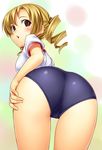  :o ass blonde_hair brown_eyes buruma drill_hair from_behind gym_uniform h_kasei hand_on_thigh highres looking_back mahou_shoujo_madoka_magica short_hair simple_background solo thighs tomoe_mami twin_drills twintails 