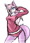  camel_toe canine clothed clothing female fur hair_over_eye looking_at_viewer mammal panties pink_fur skimpy solo underwear wolf wolflady 