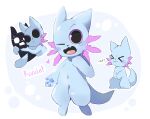 ambiguous_gender anthro blue_body blush cheesefries duo feral gills hi_res inv_(rain_world) looking_at_viewer mammal open_mouth paws rain_world rivulet_(rain_world) simple_background slugcat smile tail tongue videocult