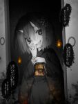  1girl commentary_request fang hair_ornament highres horns indoors japanese_clothes kimono looking_at_viewer monochrome obi oni open_mouth original sasasa_(nashi) sash short_hair sliding_doors smile solo spot_color yandere zashiki-warashi 