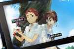  1girl :d against_tree augmented_reality bow bowtie brown_eyes brown_hair character_name open_mouth red_eyes red_hair robotics;notes school_uniform senomiya_akiho serafuku short_hair smile tablet_pc takana translation_request tree watch wristwatch yashio_kaito 