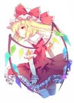  anthiea bad_id bad_pixiv_id blonde_hair dress flandre_scarlet frills from_behind hat long_hair looking_back red_eyes side_ponytail solo touhou wings wrist_cuffs 