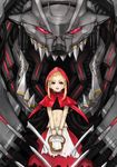  basket big_bad_wolf_(grimm) blonde_hair capelet crop_top glowing glowing_eyes grimm's_fairy_tales highres hood little_red_riding_hood little_red_riding_hood_(grimm) madarame mecha mechanization red_capelet red_eyes science_fiction sharp_teeth short_hair sidelocks skirt teeth torn_clothes torn_skirt 