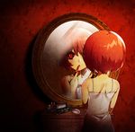  1girl androgynous applying_makeup bare_shoulders blush brown_hair crossdressing from_behind lips lipstick makeup mirror nightgown original ot-nm red_eyes red_hair red_lips reflection ribbon short_hair solo 