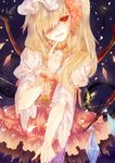  blonde_hair blood face fang flandre_scarlet hair_over_one_eye hat highres long_hair red_eyes ribbon solo touhou upper_body vieny wings wrist_cuffs 