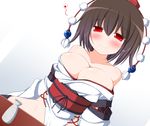  alternate_costume blush bottomless breasts brown_hair drunk dutch_angle hat kourindou_tengu_costume large_breasts looking_at_viewer nikku_(ra) no_bra no_panties obi off_shoulder pom_pom_(clothes) red_eyes sash shameimaru_aya short_hair smile solo tassel tokin_hat tokkuri touhou 