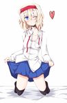  ;) alice_margatroid black_legwear blonde_hair blue_eyes blush chata_maru_(irori_sabou) dress_shirt hairband heart kneehighs kneeling looking_at_viewer one_eye_closed ribbon shirt skirt skirt_hold smile solo thighhighs touhou white_shirt 