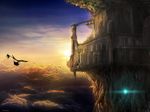  airplane bird castle cloud highres no_humans scenery sky sun tenkuu_no_shiro_laputa tlrose tree 