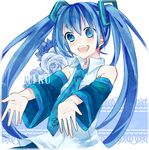  blue_eyes blue_hair character_name detached_sleeves flower hatsune_miku kanara long_hair necktie open_mouth outstretched_arms solo twintails very_long_hair vocaloid 