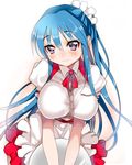  bad_id bad_pixiv_id blue_hair blush breasts holding kotomo large_breasts long_hair looking_at_viewer original simple_background smile solo tray waitress white_background 