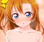  10s 1girl blue_eyes blush bow hair_bow kousaka_honoka long_hair looking_at_viewer love_live! love_live!_school_idol_project orange_hair out-of-frame_censoring parted_lips sexually_suggestive side_ponytail sweat tied_hair topless_frame upper_body wewe 