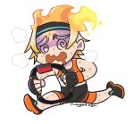  1boy @_@ artist_name black_gloves black_headband black_shorts commentary deformed drooling fiery_hair fingerless_gloves gloves headband highres holding mago male_focus medium_hair mouth_drool orange_hair ring-con ring_fit_adventure running shorts solo spread_legs steaming_body sweat tank_top very_sweaty virtual_youtuber voms wavy_mouth white_tank_top 