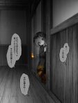  1girl commentary_request expressionless hair_between_eyes highres hitodama horns indoors japanese_clothes kimono looking_at_viewer monochrome oni original peeking_out sasasa_(nashi) short_hair solo spot_color translation_request yandere zashiki-warashi 