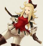  1girl 5pb. armor blonde_hair blue_eyes boots bow bravely_default:_flying_fairy bravely_default_flying_fairy edea_lee gloves hand_on_hip katana long_hair pantyhose red_string ribbon sheath sheathed solo string sword tights weapon wide_hips 