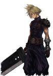  1boy bandage bandaged_arm bandages belt blonde_hair blue_eyes bolt buster_sword cloud_strife earrings final_fantasy final_fantasy_vii fingerless_gloves gloves holding holding_sword holding_weapon jewelry looking_to_the_side male_focus muscle pauldrons screw short_hair shu-mai simple_background solo spiked_hair strap sword turtleneck weapon white_background 
