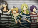  3girls :p ahoge angry annie_(saga_frontier) aqua_eyes blonde_hair breasts brown_hair character_name cleavage covering_eyes em_crazy emilia_(saga_frontier) green_hair hand_on_hip lineup liza_(saga_frontier) long_hair male_focus medium_breasts multiple_girls name_tag orange_hair prison prison_clothes purple_eyes purple_hair roufas saga saga_frontier shirt silver_eyes sleeves_pushed_up smile striped striped_shirt text_focus tongue tongue_out 