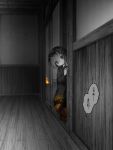  1girl commentary_request expressionless hair_between_eyes highres hitodama horns indoors japanese_clothes kimono looking_at_viewer monochrome oni original peeking_out sasasa_(nashi) short_hair solo spot_color translation_request yandere zashiki-warashi 