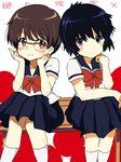  bad_id bad_pixiv_id black_eyes black_hair brown_eyes brown_hair glasses gum_(vivid_garden) hair_over_one_eye multiple_girls nazo_no_kanojo_x oka_ayuko school_uniform serafuku short_hair sitting urabe_mikoto 