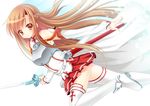  asuna_(sao) bare_shoulders breastplate brown_eyes brown_hair detached_sleeves holding long_hair long_legs looking_at_viewer nakada_rumi outstretched_arm scabbard sheath skirt solo sword sword_art_online thighhighs weapon white_legwear 