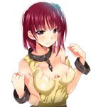  3: bad_id bad_pixiv_id blush breasts chain cleavage collar cuffs looking_at_viewer magi_the_labyrinth_of_magic medium_breasts metal_collar morgiana one_side_up red_eyes red_hair saikawa_yusa shackles short_hair simple_background slave solo 