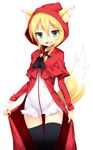  :d animal_ears aqua_eyes black_legwear blonde_hair blush bow braid fang fox_ears fox_tail hair_bow highres little_red_riding_hood little_red_riding_hood_(grimm) long_hair looking_at_viewer open_mouth simple_background single_braid smile solo tail thighhighs white_background zen_o 