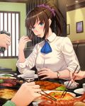  1girl blue_eyes blush brown_hair chopsticks chopsticks_in_mouth collared_shirt dress_shirt eating food hair_ornament hair_scrunchie highres holding holding_chopsticks looking_at_viewer obaoba_(monkeyix) original ponytail restaurant scrunchie shirt sleeves_rolled_up solo_focus table watch white_shirt wristwatch 