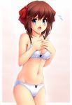  bad_id bad_pixiv_id blue_eyes bra breasts brown_hair cleavage covering covering_breasts flying_sweatdrops hair_ribbon hirokawa_takemi komimiyako medium_breasts navel open_mouth panties power_pro_kun_pocket power_pro_kun_pocket_9 ribbon short_hair solo stomach underwear underwear_only 