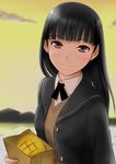  amagami ayatsuji_tsukasa bag black_hair blush bread cloud food head_tilt kero320 light_smile long_hair melon_bread mountain paper_bag school_uniform solo sunset sweater_vest 