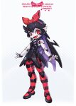  1girl :d black_dress black_hair borrowed_character dress fangs full_body hair_ribbon highres joints long_hair looking_at_viewer lordyanyu mechanical_hair mechanization original pale_skin pantyhose pointy_ears red_eyes ribbon robot_girl robot_joints smile solo standing striped_clothes striped_pantyhose vampire very_long_hair zakuro_(rariatto) 