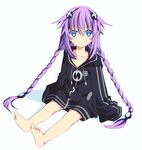  age_regression barefoot blue_eyes blush braid child collarbone ears feet frown hair_ornament hood hooded_track_jacket jacket kami_jigen_game_neptune_v long_hair looking_at_viewer minagi neptune_(series) oversized_clothes purple_hair purple_heart solo symbol-shaped_pupils track_jacket twin_braids very_long_hair younger 