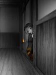  1girl commentary_request hair_between_eyes highres hitodama horns indoors japanese_clothes kimono looking_at_viewer monochrome oni original peeking_out sasasa_(nashi) short_hair smile solo spot_color yandere zashiki-warashi 