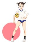  ball brown_hair buruma double_bun gym_uniform hyakko saotome_suzume soccer_ball zuwako 