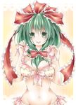  bikini breasts frilled_bikini frills front_ponytail green_eyes green_hair hair_ribbon heart heart-shaped_pupils kagiyama_hina long_hair medium_breasts ribbon solo swimsuit symbol-shaped_pupils tamichan touhou 