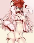  bare_hips bikini bokuso breasts covered_nipples fujiwara_no_mokou hair_ribbon hat highres jacket large_breasts long_hair lowleg lowleg_bikini micro_bikini pink pink_hair red_eyes ribbon ribs see-through side-tie_bikini solo swimsuit touhou 