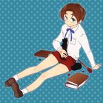  3710 blue_background blue_eyes blush book brown_hair child command_spell fate/zero fate_(series) gem male_focus polka_dot polka_dot_background shorts simple_background smile solo staff suspenders time_paradox toosaka_tokiomi younger 