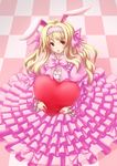  animal_ears blonde_hair bow bowtie bunny_ears checkered checkered_floor dress eyelashes frilled_dress frills from_above gathers h_kasei hair_bow hairband heart heart_pillow long_hair object_hug original pillow pink_dress red_eyes solo too_many too_many_frills 